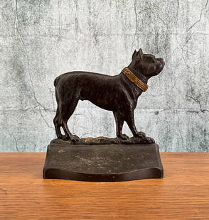 B & H Bulldog Wedge Doorstop: Bulldog cast iron wedge door stop, stamped B&H, Bradley & Hubbard, single piece cast, size and weight appropriate for door stop of single bookend. Provenance: Single owner collection, suburban Philade