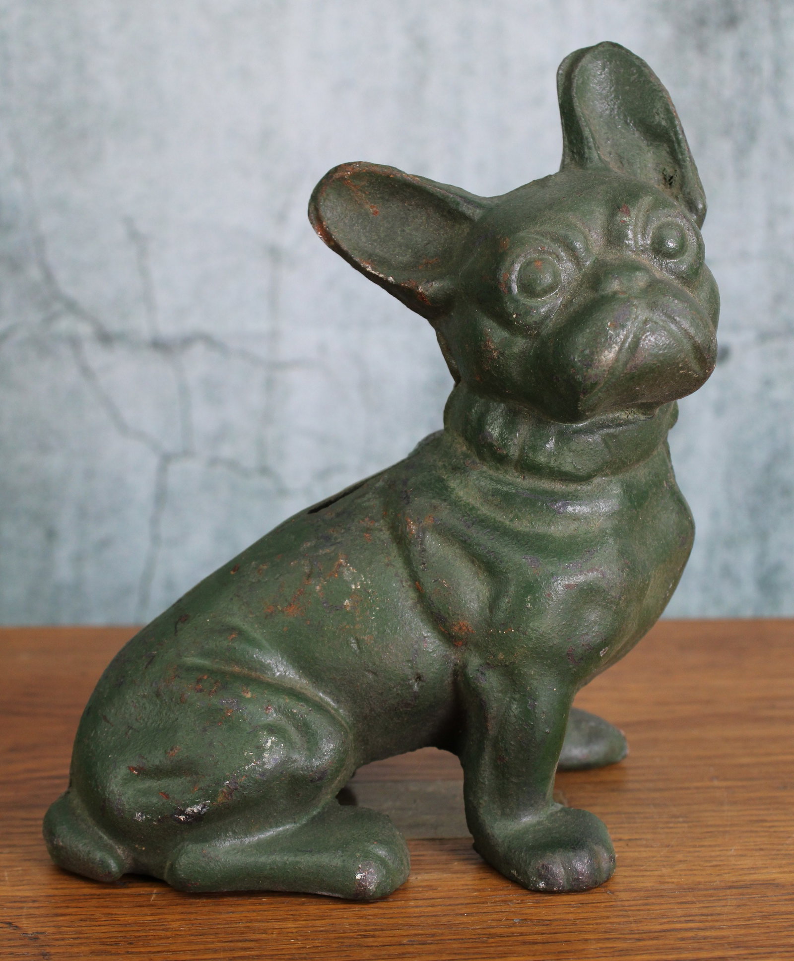Cast Iron French Bulldog Coin Bank: Cast Iron French Bulldog bank or doorstop, size and weight would be appropriate for both, 2 piece construction held together with bolt. Unmarked so mostly likely Littco. Provenance: Single owner colle