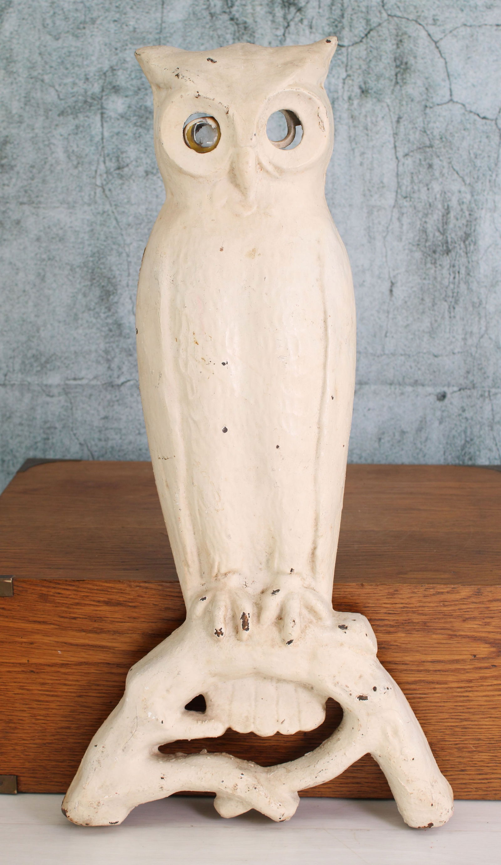 Cast Iron Owl Andiron, Single: Single piece cast iron owl andiron, single, missing glass eyes. Stamped, possibly Albany Co.? Provenance: Single owner collection, suburban Philadelphia estate. Size: 12.75"T Shipping Note: For your c