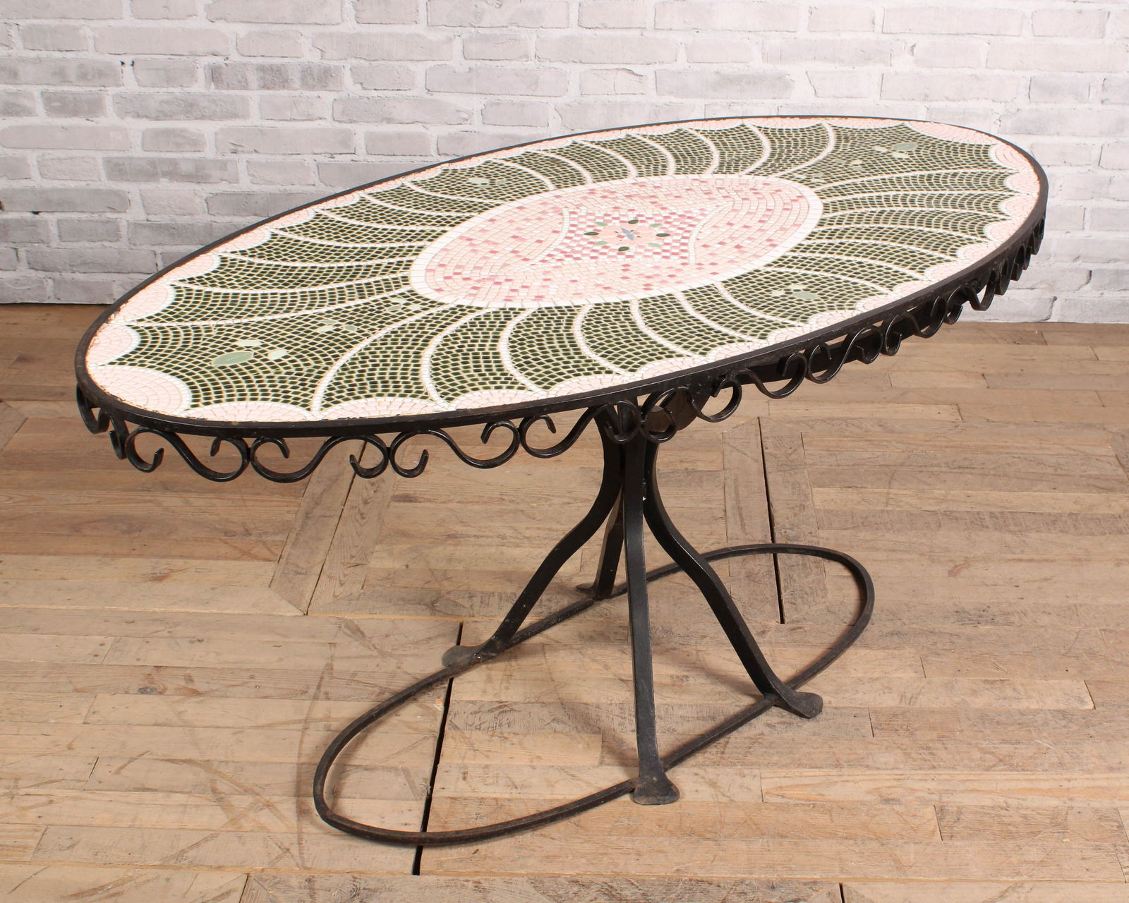 Vintage Mosaic Tile Top Wrought Iron Garden Table: Vintage Mosaic Tile Top Wrought Iron Garden Table. Size: 28"T x 62"L x 33"D