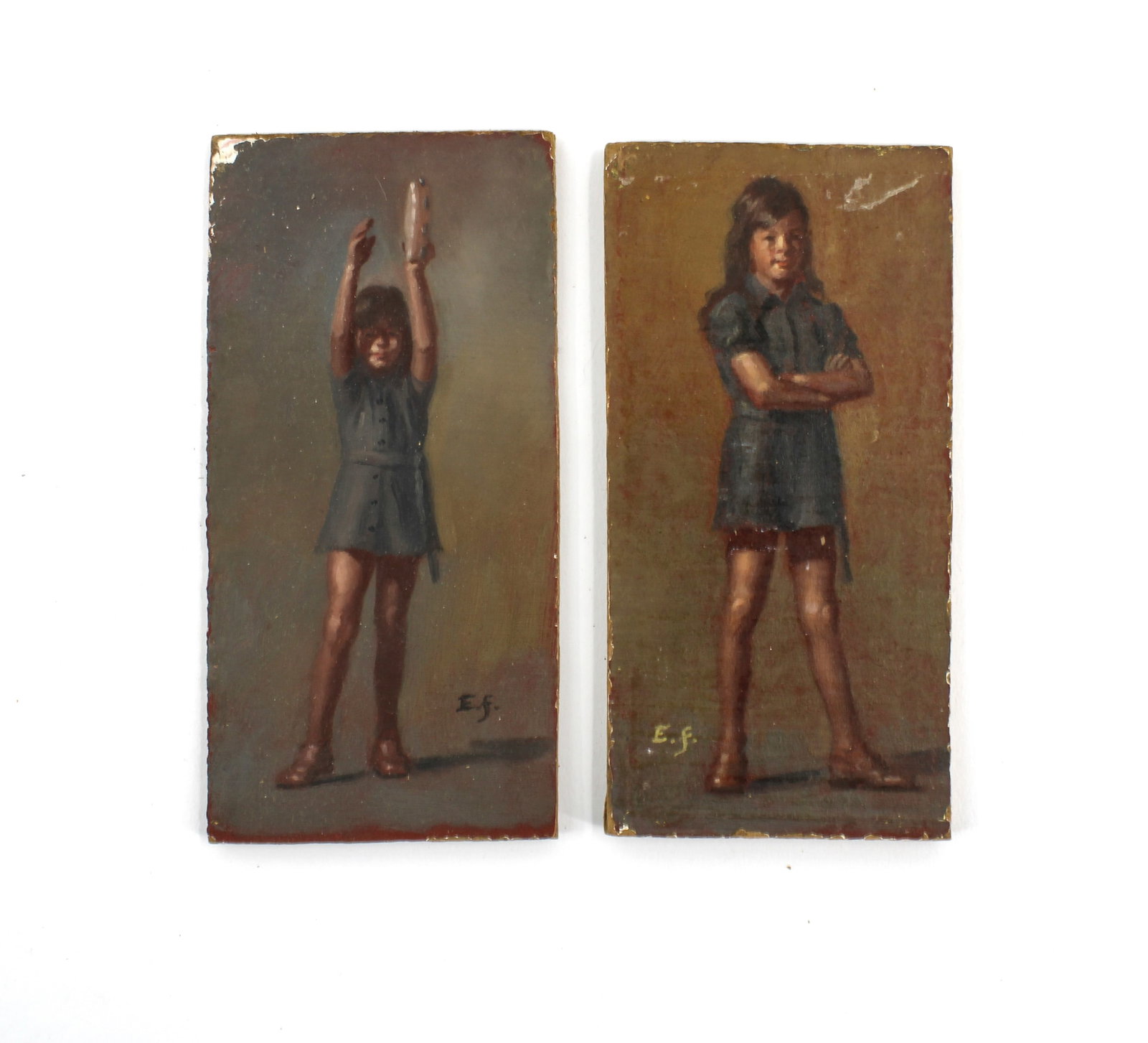 Signed Oil on Board Portrait Miniatures: Two 20th century oil miniatures on board, two poses of same girl one with tambourine. Signed E (P. Richard Eichman) Fecit Size: 5"T x 2.75"W each