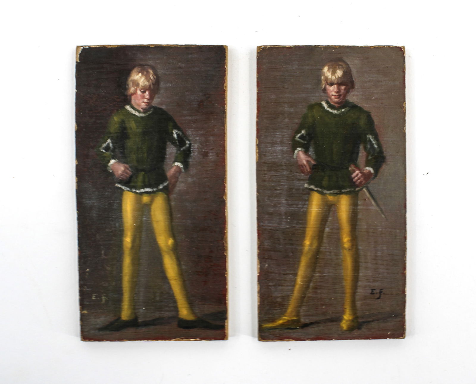 Miniatures Oil On Board Pair, Page Boy: Duo of miniature portraits, oil on board, 20th century. Young boy in renaissance era attire, one with dagger. Signed EF, Eichman Fecit (P. Richard Eichman) Size: 4.75"T x 2.5"W each
