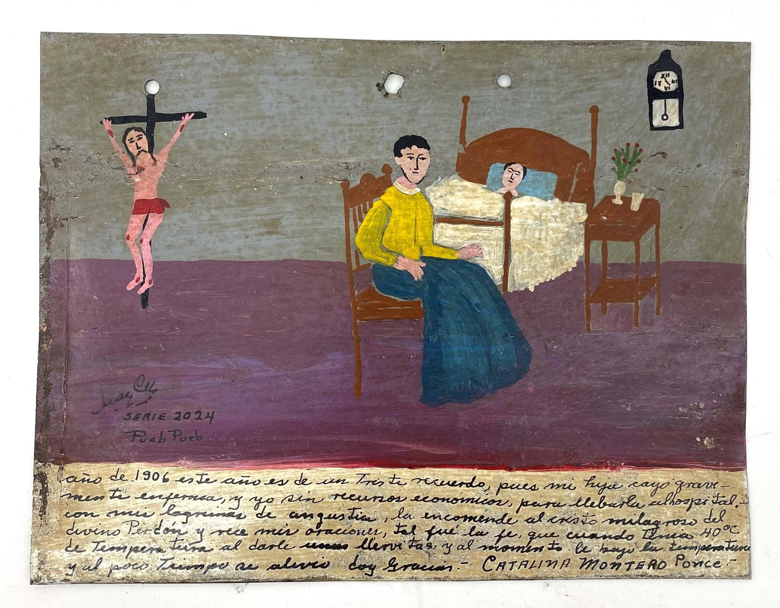 Mexican Gratitude Ex Voto, Retablo, 1906 Miracle: Mexican Gratitude Ex Voto, Retablo, 1906 Miracle. painted tin. Size: 7"T x 9"W