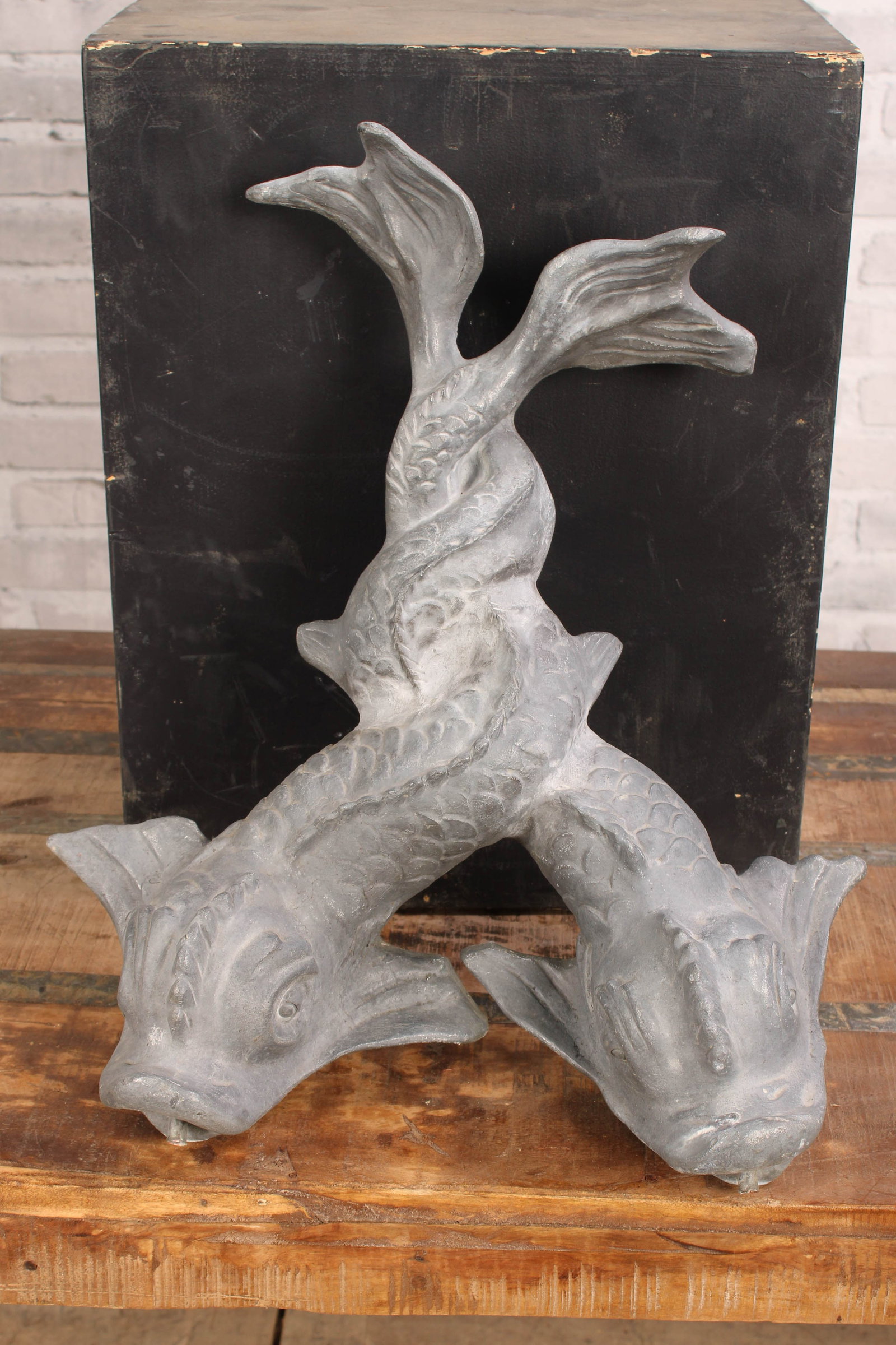 Mythical Dolphins Fountain Spout: An Interesting lead intertwined mythical dolphins, serpents wall fountain. Size: 19"H x 16"W x 4.5"D