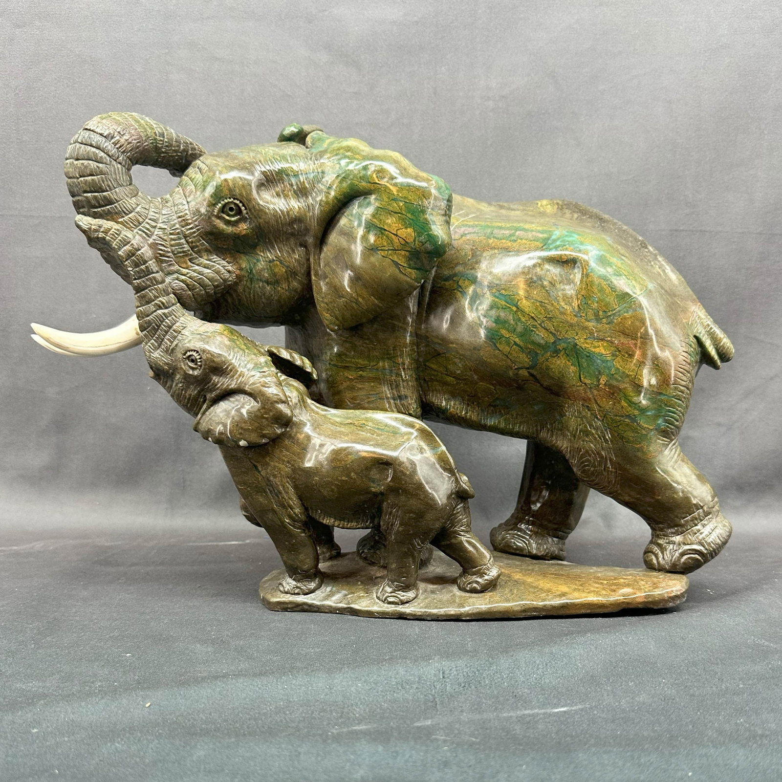 Carved Hard Stone, Elephant with Baby, Signed (1 of 8)