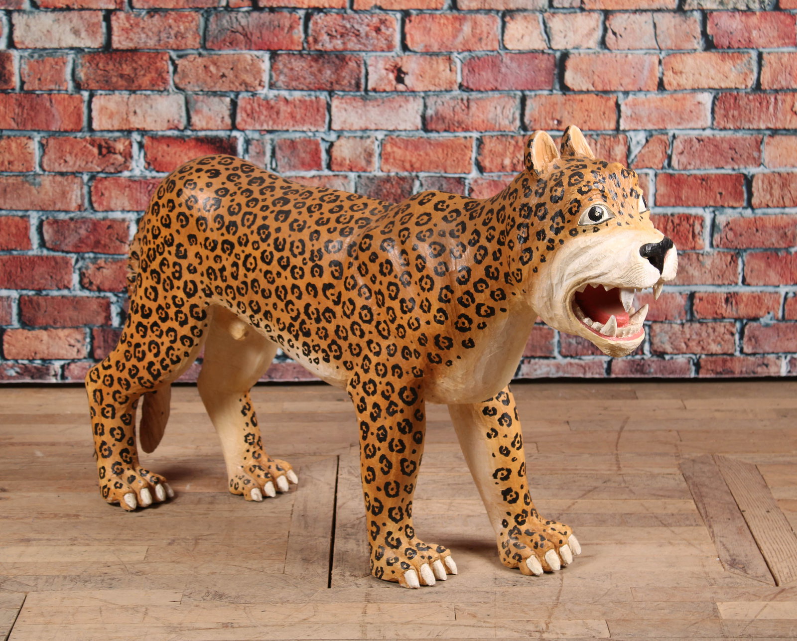 Folk Art Carved Wood Cheetah: Folk Art Carved Wood Cheetah Size: H 32" x W 12" x D 49" Damage to tail.