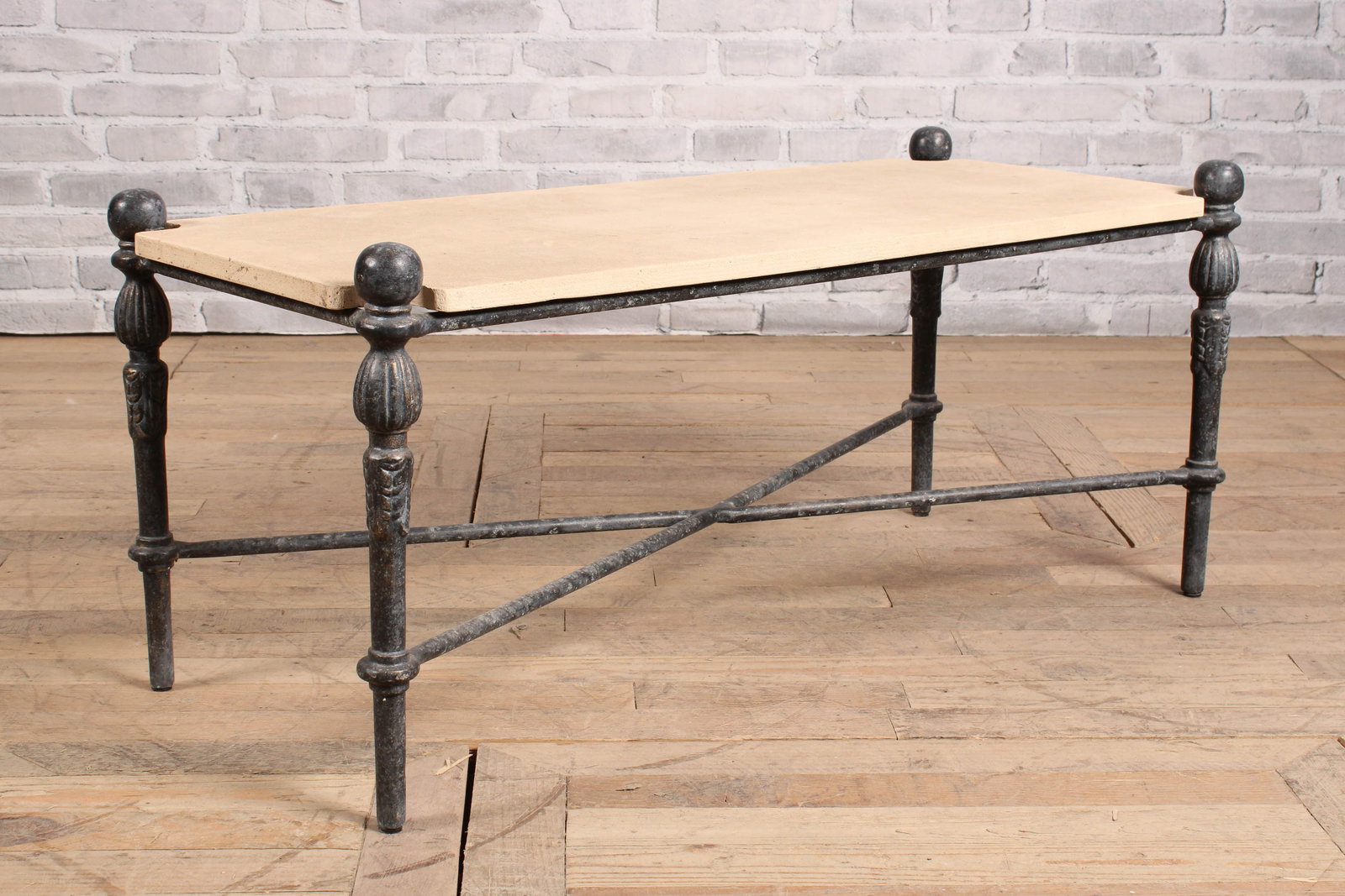 Outdoor Coffee Table, Michael Taylor, Montecito: Stone top coffee table, Michael Taylor, Montecito Collection. From a private Princeton estate. Size: 19"T x 42"L x 18.5"D