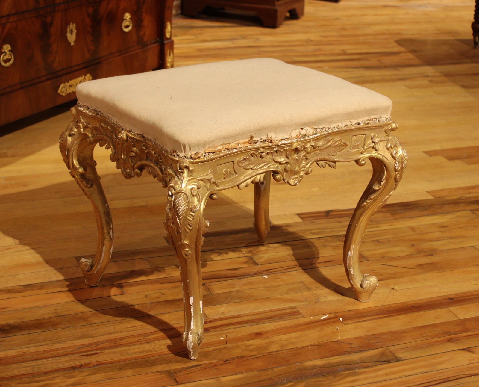 19th C Italian Gilt Wood Tabouret: 19th Century Italian gilt wood carved bench / tabouret. Size: 20"H x 24"W x 20"D Circa: 1820 List Price: $3900