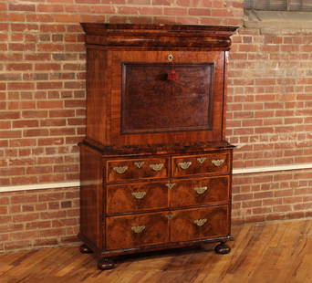 George III Walnut Fall Front Secretary: George III Walnut Fall Front Escritoire with copious top storage over four bottom drawers and brass hardware throughout. Size: 66"T x 41" W x 20.5" D Circa: 1795. List Price: $26250