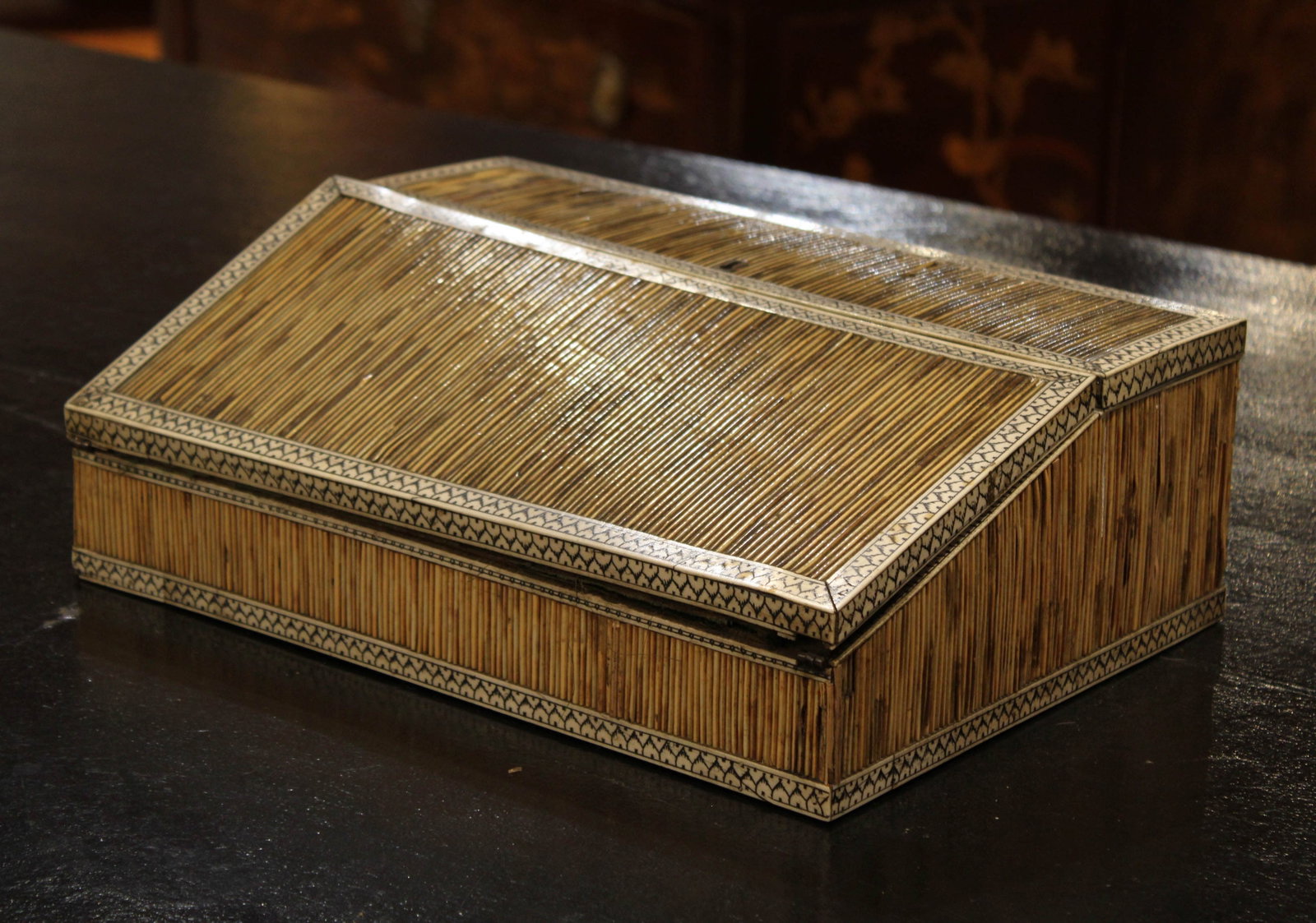 Antique Quillwork Writing Slope, Lap Desk: A good 19th Century quill work and bone inlaid laptop writing desk having velvet writing service. Size: 5"H x 14"W x 10"D Circa: 1860 List Price: $2900
