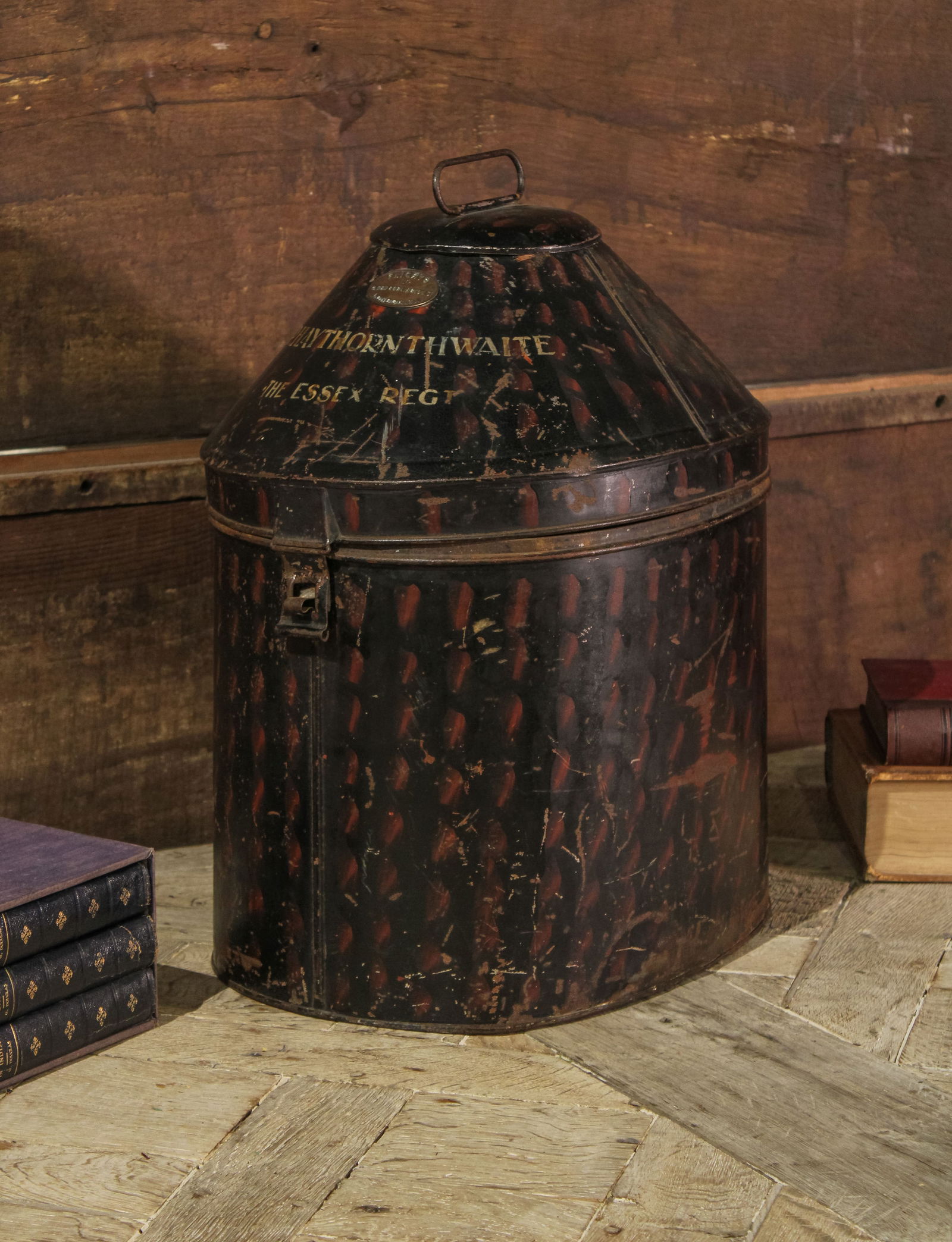 English Military Busby Tin: English painted tin, Busby Military Headdress Container. Size: 20"T x 14"W x 18"D Circa: 1860. List Price: $600