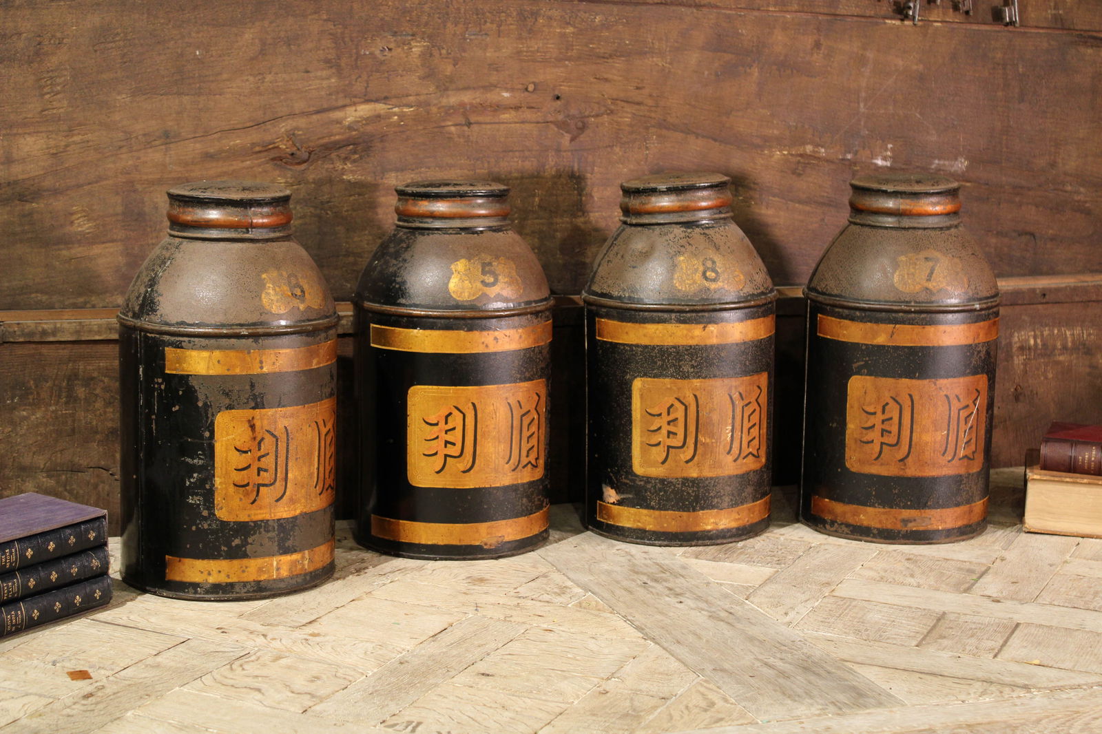 4 English Tea Caddies, Tole Decorated (1 of 4)