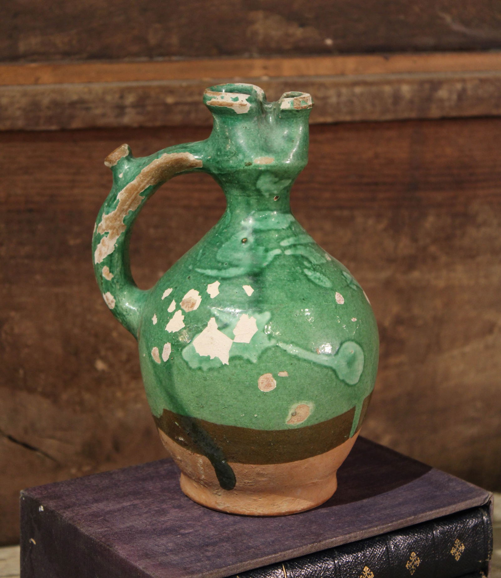 Antique French Green Glaze Ewer, Pitcher (1 of 5)