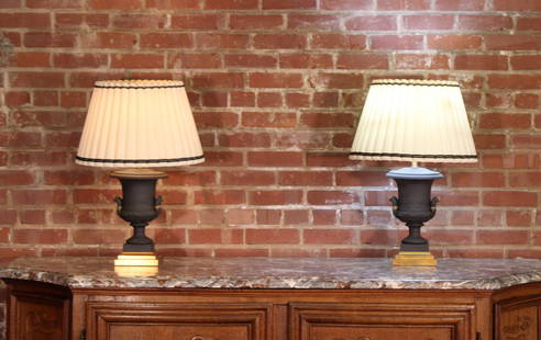 Pair Neoclassical Basalt Ceramic Urn Lamps: A pair of Neoclassical Basalt ceramic campana form urns with gilt accents. Size: 25.5"Tall, each