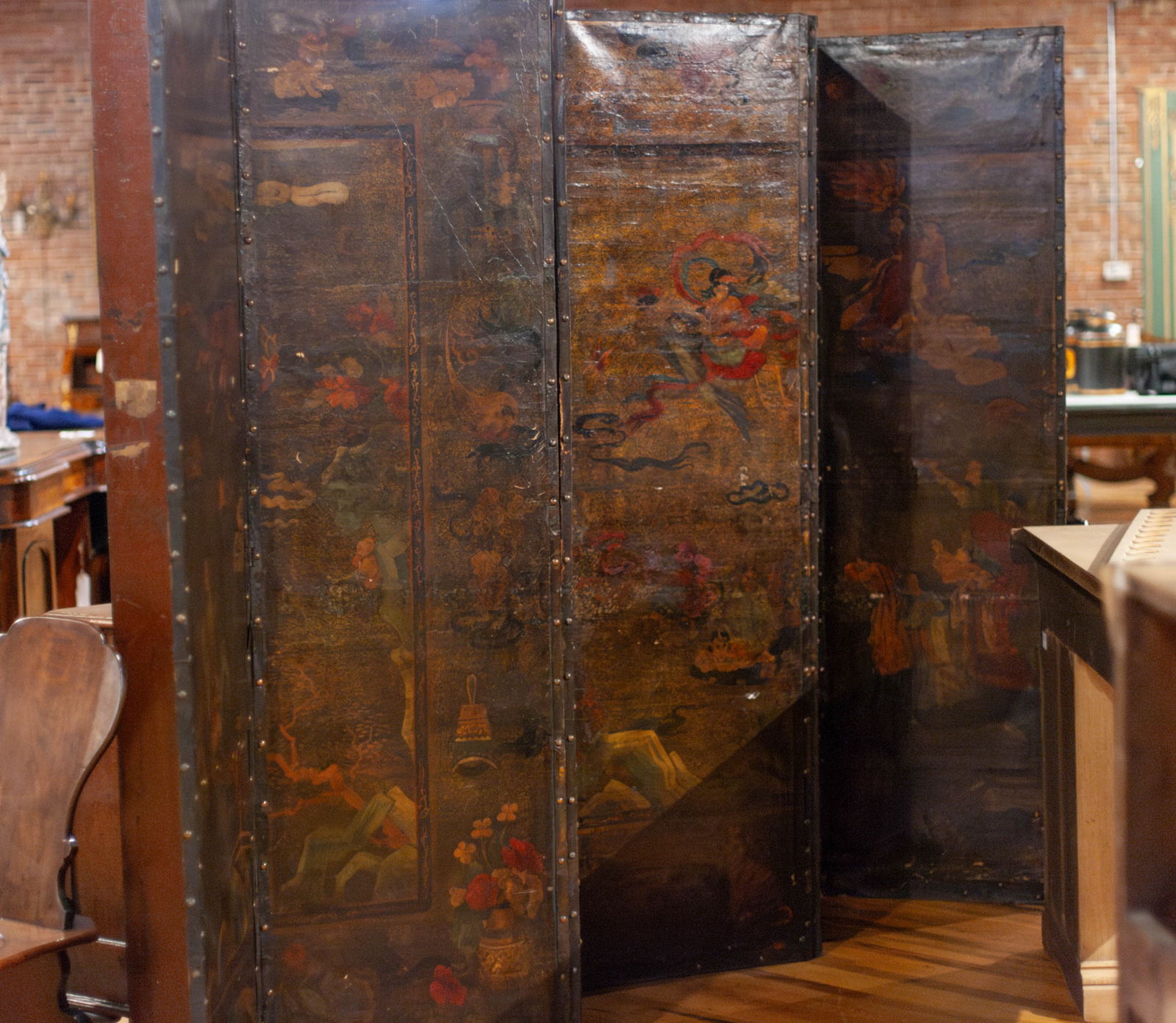 19th C Dutch Painted Leather Screen (1 of 2)