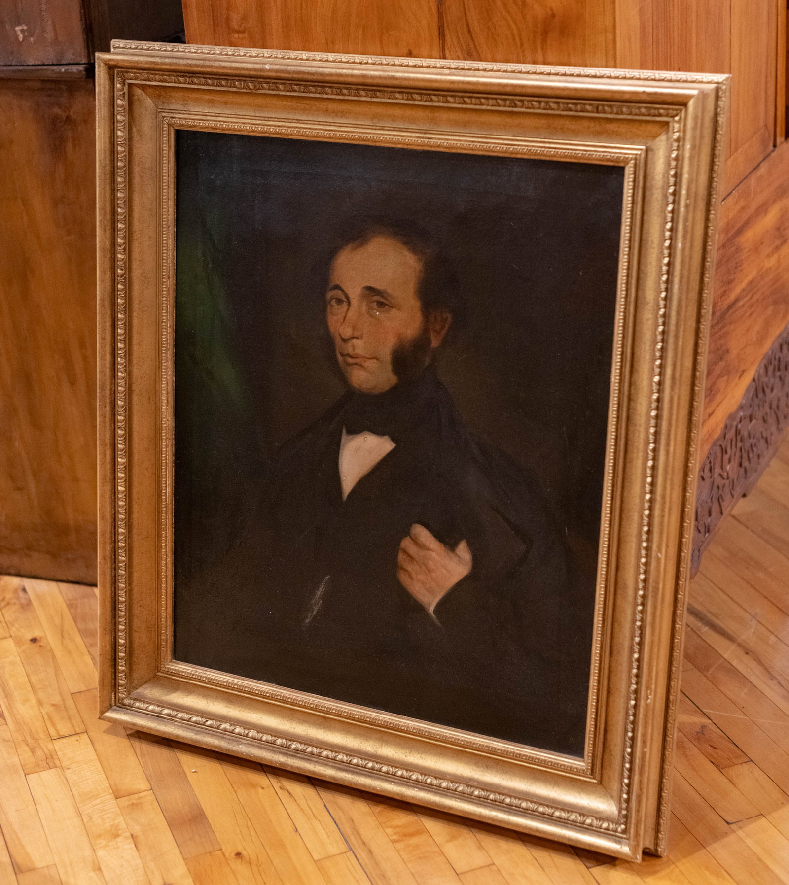 Painting, Gentleman, Gilt Frame, English School: A 19th Century English school portrait of a gentleman. Rewired. Size: 32"H x 38"W, sight 29.5"H x 24"W