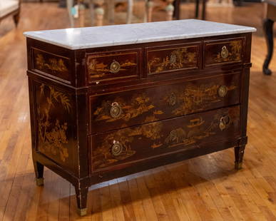 Parisian Lacquer Commode: A French Louis XVI style Chinoserie decorated commode having marble top over three drawers. Size: 32"H x 44"W x 20.5"D Circa: 1910 List Price: $8500