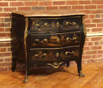 Venetian Rococo Commode: A turn of the century French bombe commode having shaped marble top over three drawers with Chinoserie decoration and ormolu mounts on the edges and legs. Size: 34"H x 35"W x 22"D Circa: 1860