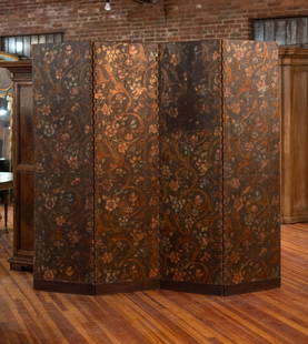 Dutch Leather Screen With Brass Hardware: A good 19th Century Dutch four panel leather screen with floral and scroll decoration. Size: 89"H x 24'W Circa: 1880 List Price: $5900