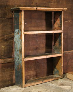 English Painted Bookshelf: Primitive wall mount book shelf with chipped paint. Size: 33"T x 26"W x 8"D Circa: 1870 List Price: $969