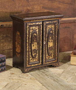 Chinese Lacquer Cupboard: Small scale table top cupboard with 5 drawers. Painted details throughout. Size: 16"T x 13"W x 8"D Circa: 1870 List Price: $1990