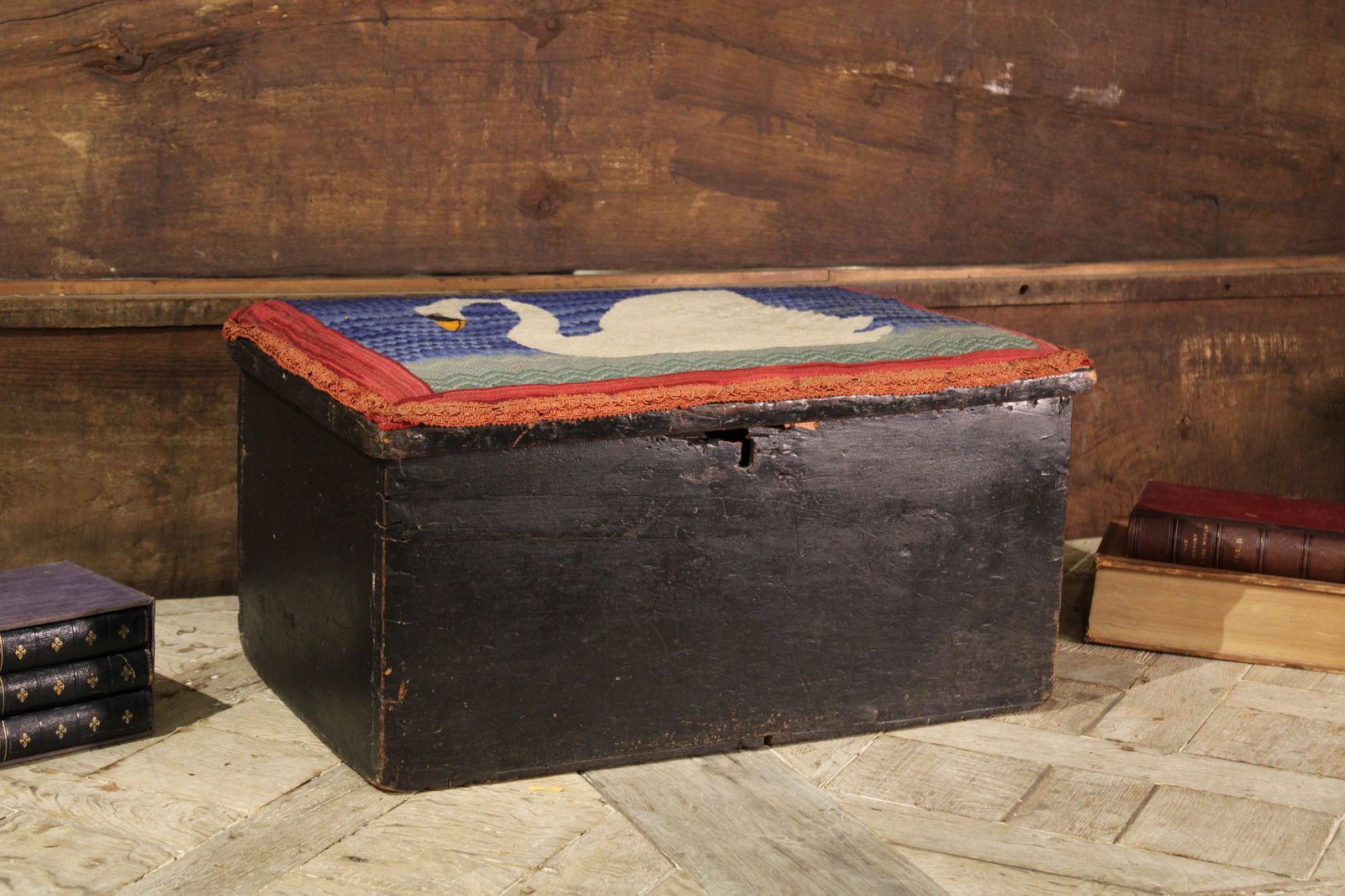 Ebonized Wood & Needlepoint Swan Chest (1 of 4)