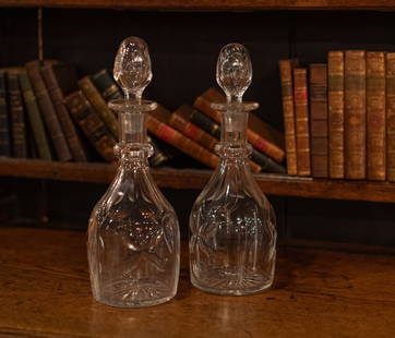 Pair Of Crystal Decanters: Matching pair of 19th C glass decanters. Size: 13.5"T x 5" diameter Circa: 1880. List Price: $1900