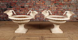 Pair Cast Iron Swan Handle Garden Urns