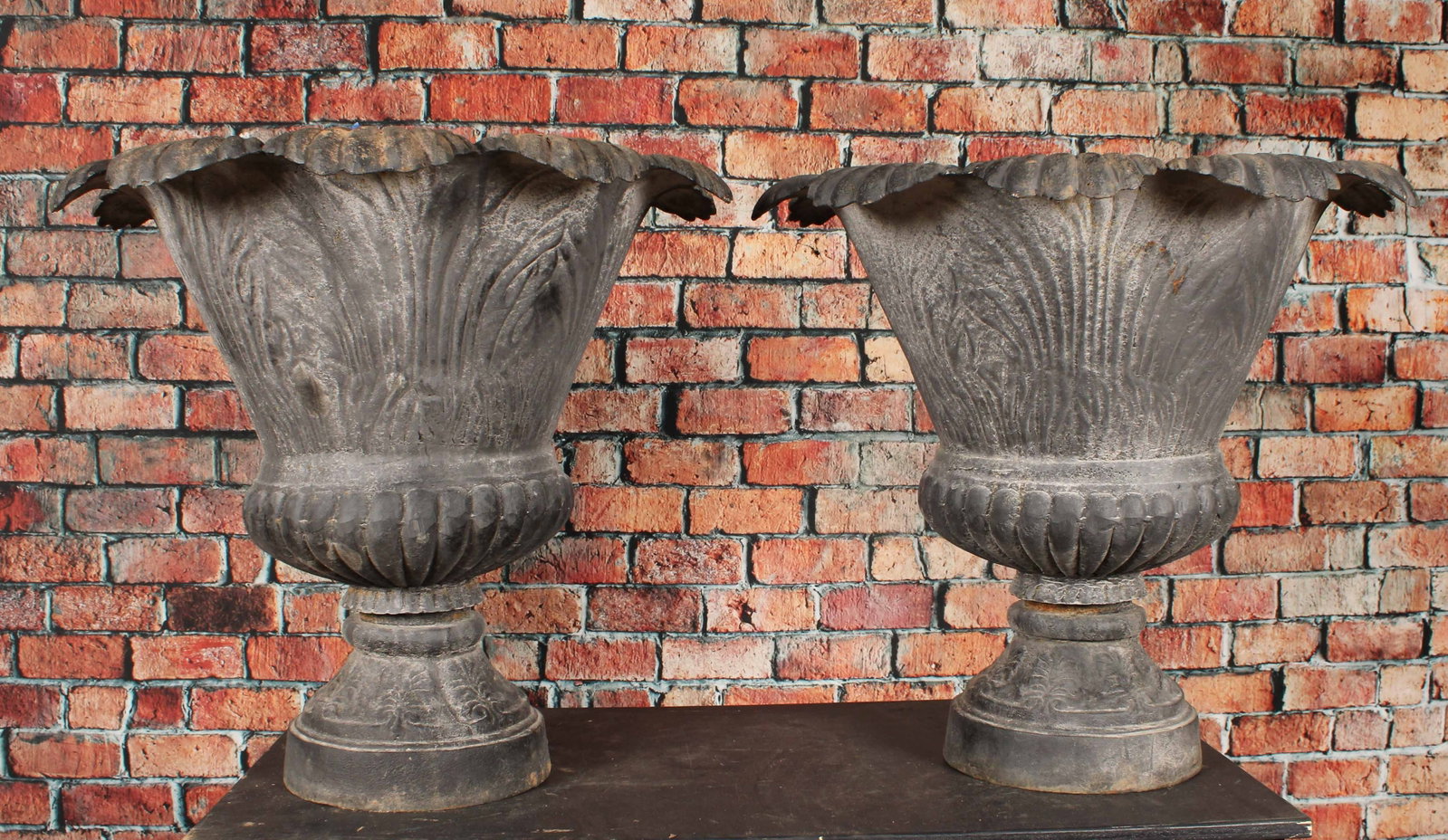 Pair Cast Iron Acanthus Spray Garden Planters: Pair Cast Iron Acanthus Spray Garden Planters. Size: 24" H x 25.5" Diameter.
