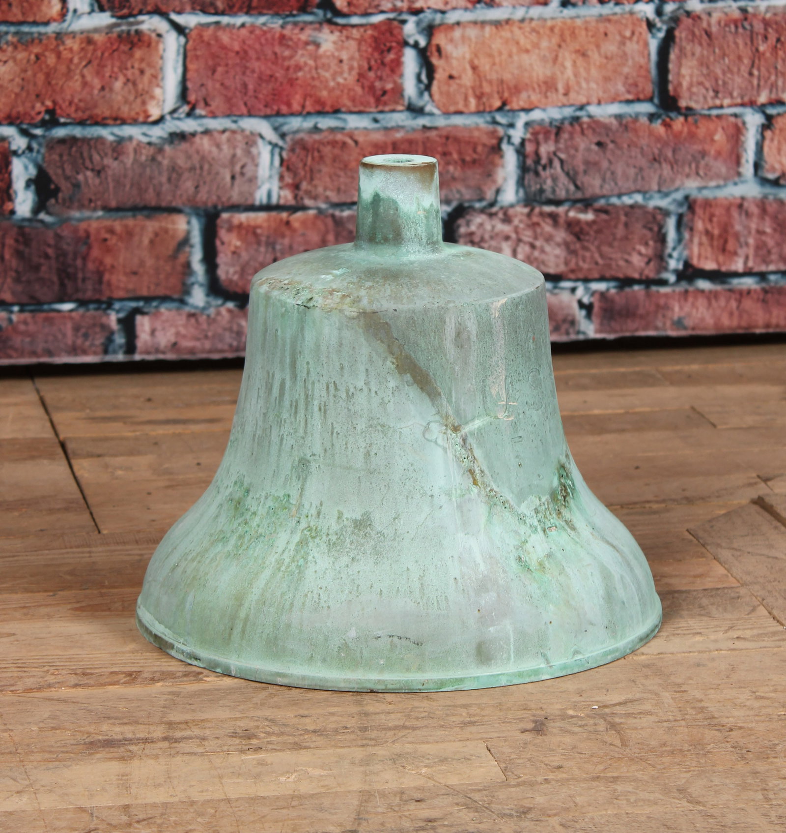 Verdigris Bronze Bell: Bronze bell form with patina through out. Clapper not photographed. Size: H 14" x W 14" x D 14"