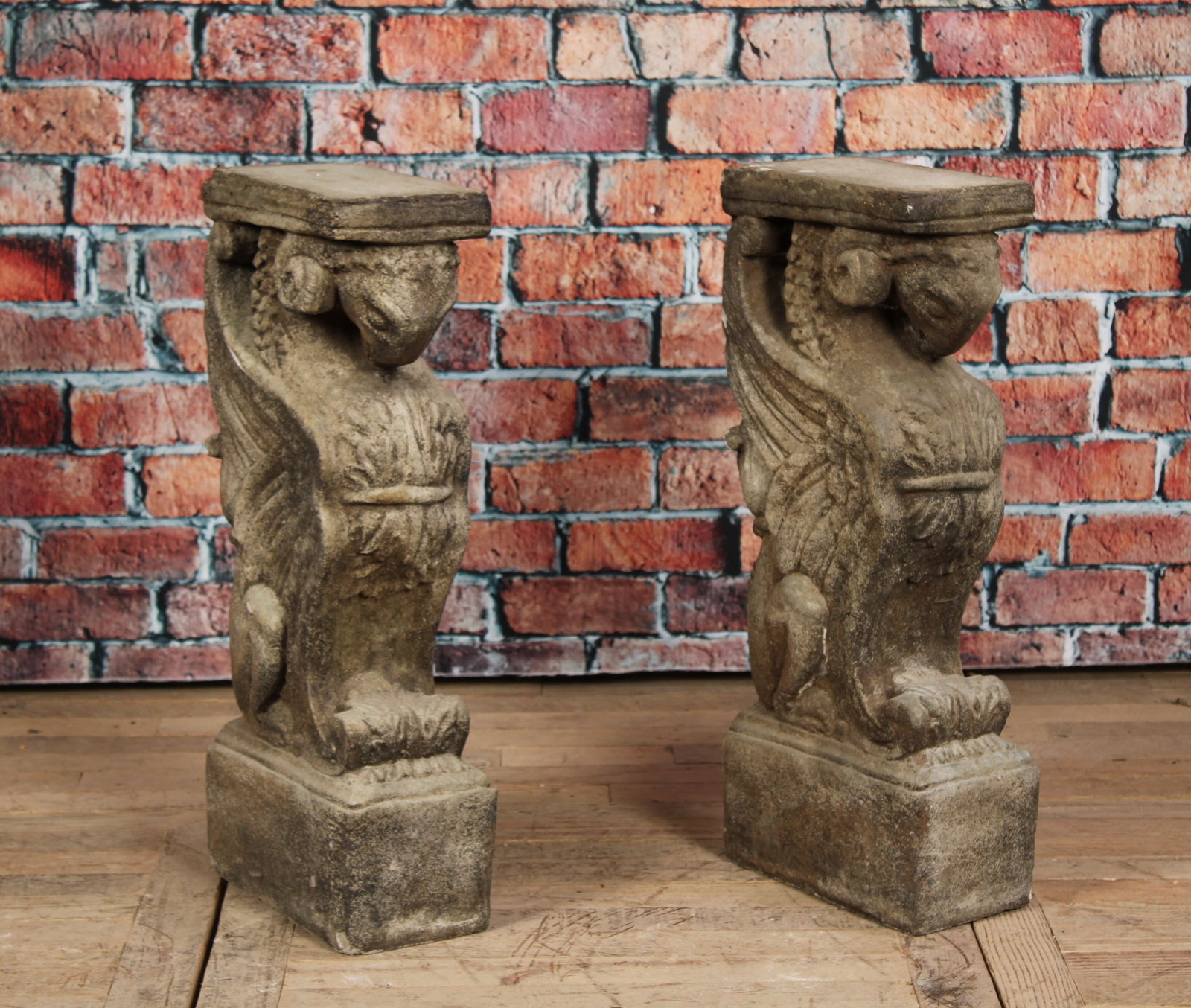 Pair Chrysomallos, Golden Fleece Ram Pilasters: Pair Chrysomallos, Golden Fleece Ram, Pilasters. Cast stone. Garden decor. Size: H 29.5" x W 7.5" x D 12"