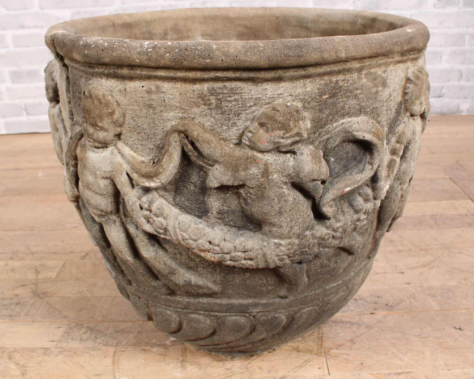 Cast Stone Garden Planter With Cherubs and Garland (1 of 9)