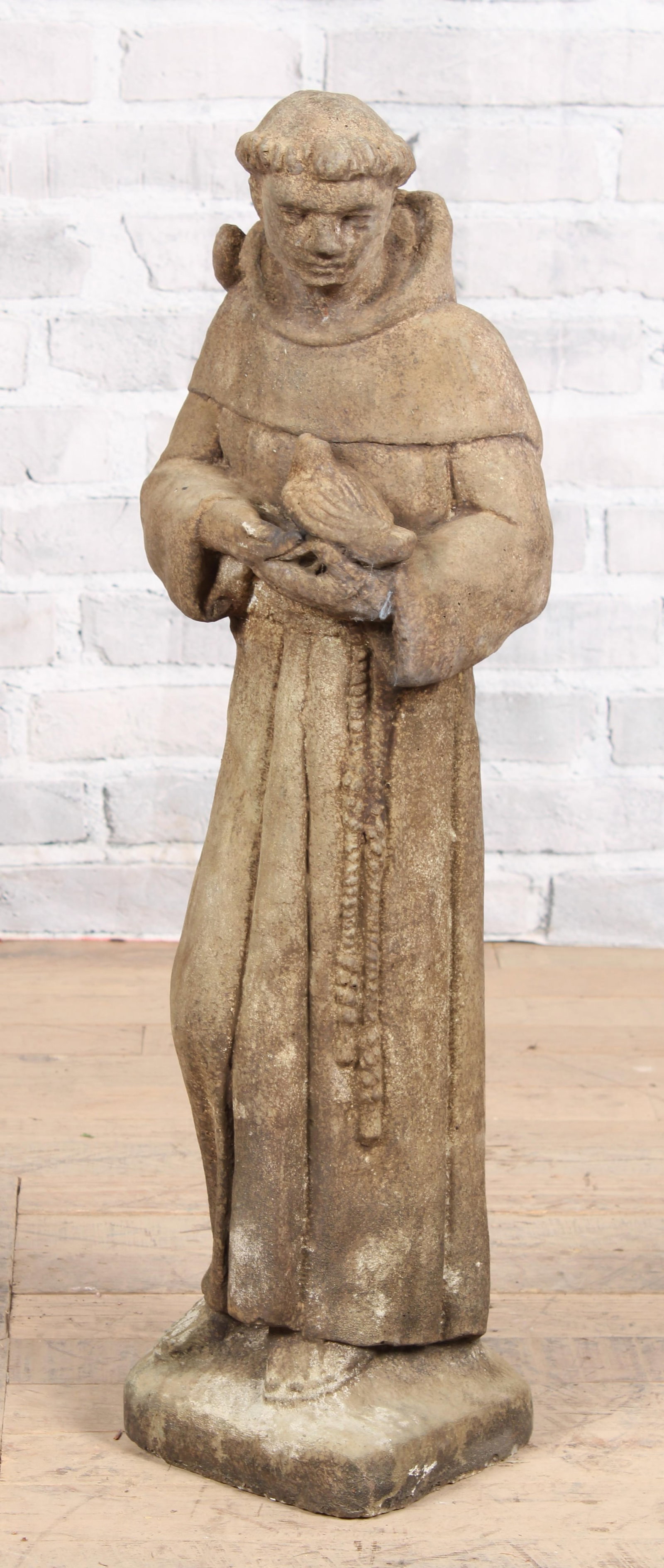 Cast Stone St Francis Garden Figure: Cast Stone St Francis Garden Figure. Patron saint of Italy and Ecology among others. Measured: H 30" x W 9" x D 7"
