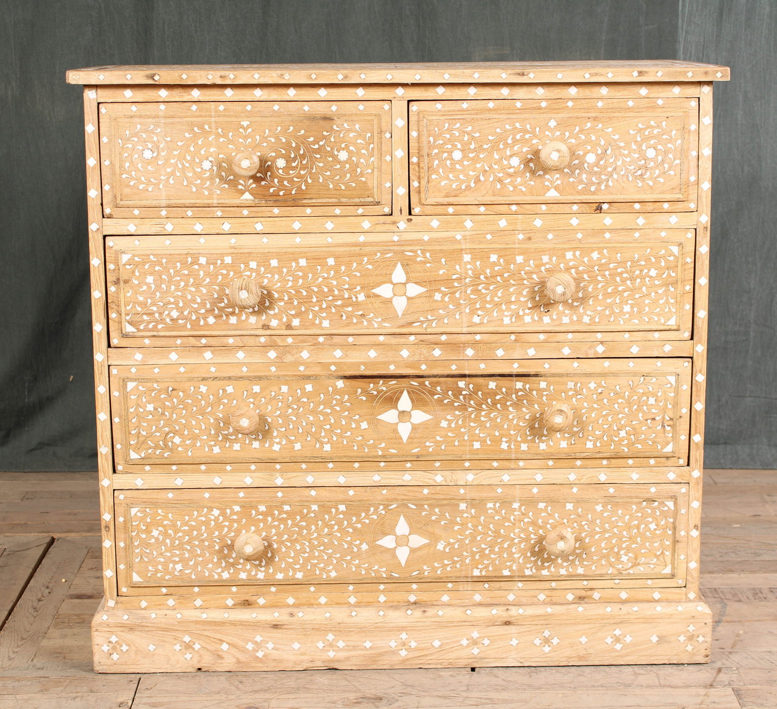 Cerused Oak and Bone Inlaid Chest of Drawers: Cerused Oak and Bone Inlaid Chest of Drawers. Size: 36"H x 37.75"W x 19"D