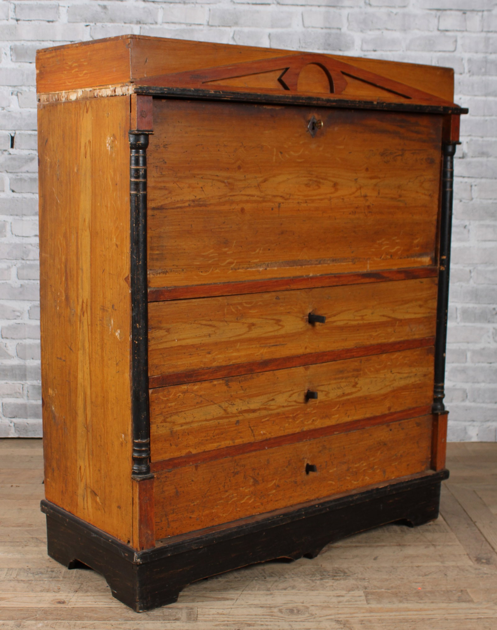Antique Swedish Painted Secretary Abattant: A good 18th Century to early 19th Century Swedish paint decorated Abattant having pediment decoration and three drawers. Size: 50.25"T x 41.5"W x 18.5"D