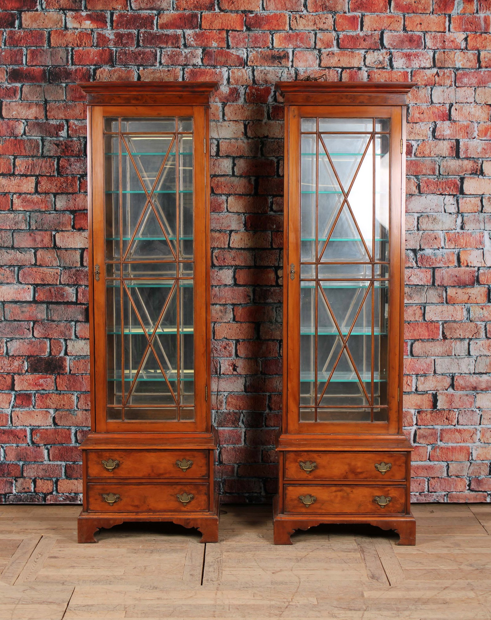 Pair Antique English Gun Cabinets Turned Vitrines: Pair Antique English Gun Cabinets Turned Vitrines. Size: H 82 3/4" x W 25" x D 16 1/2"