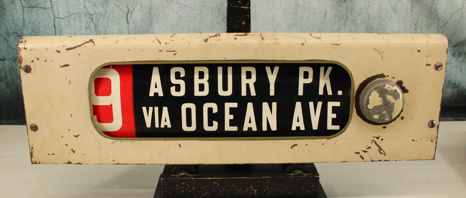 Bus Destination Roll, Jersey Shore, Asbury Park: Bus Destination Roll, Jersey Shore, Asbury Park. Vintage mechanism with roll for all points at the New Jersey Shore around Asbury Park. Perhaps some E Street Band notables traveled these routes. Size: