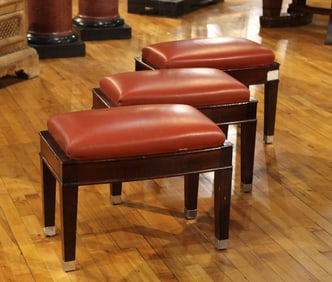 Suite of 3 French Wood & Leather Stools