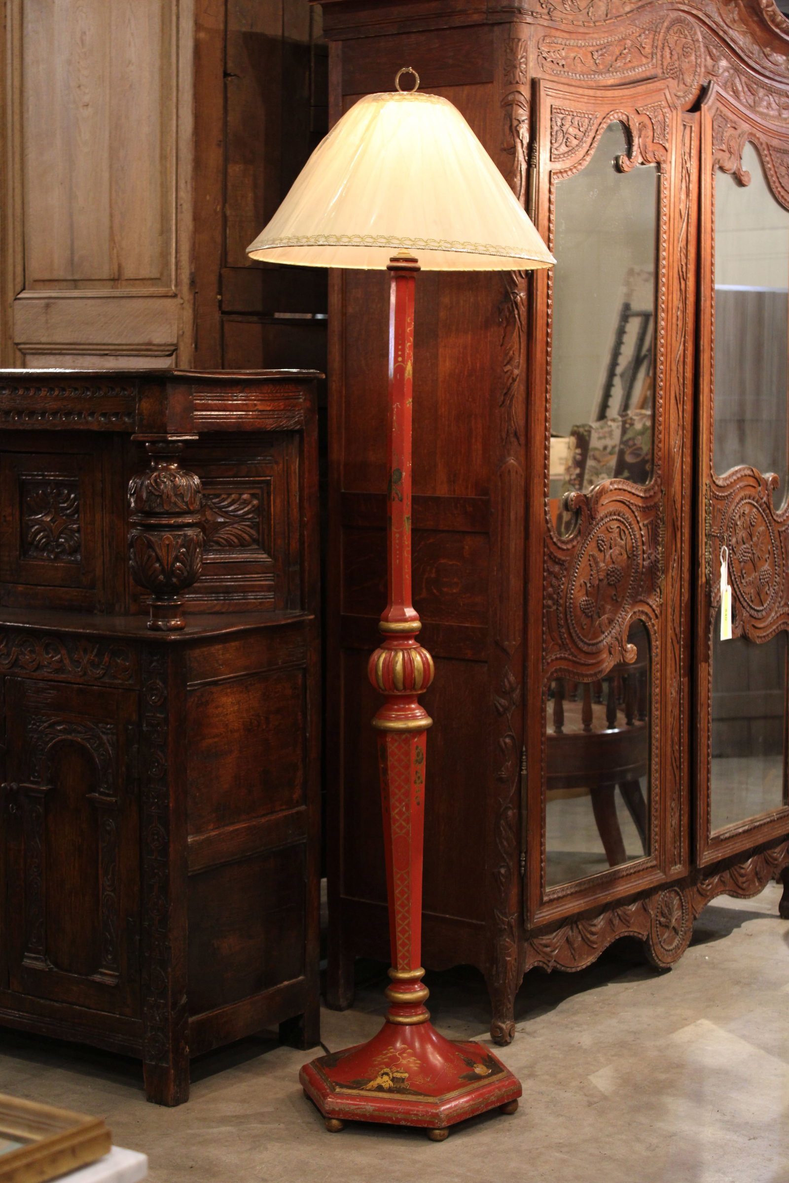 English Chinoiserie Red Lacquer Torchiere: English Red Lacquer Torchiere. Painted Chinoserie designs. Size: 75"T x 22 dia Circa: 1890 List Price: $2200