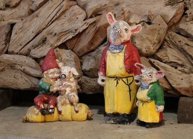 Cast Stone Pig and Gnome Garden Figures