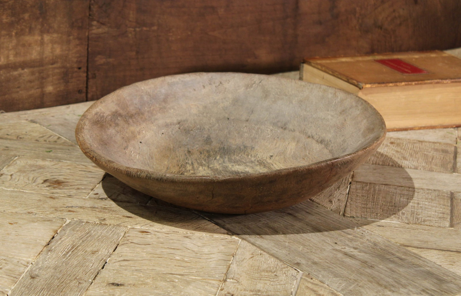 Spanish Holm Oak Bowl: Antique beautifully worn Spanish Oak bowl. Size: 4"Tx 17" diameter Circa: 1820 List Price: $1500 Books not included.