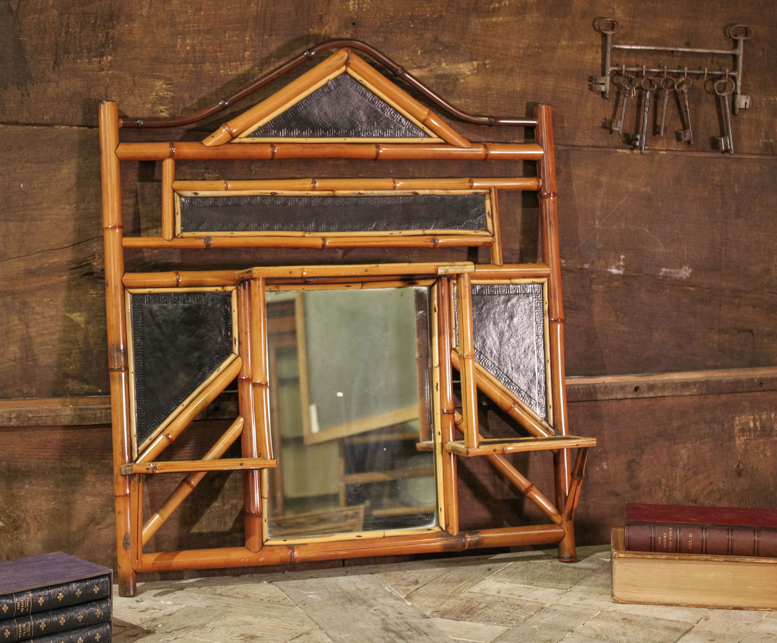 Antique Bamboo and Tooled Leather Mantel Mirror (1 of 4)