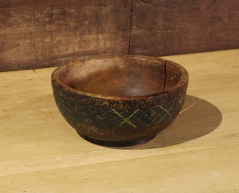 German Dark Elm Carved Wood and Painted Bowl
