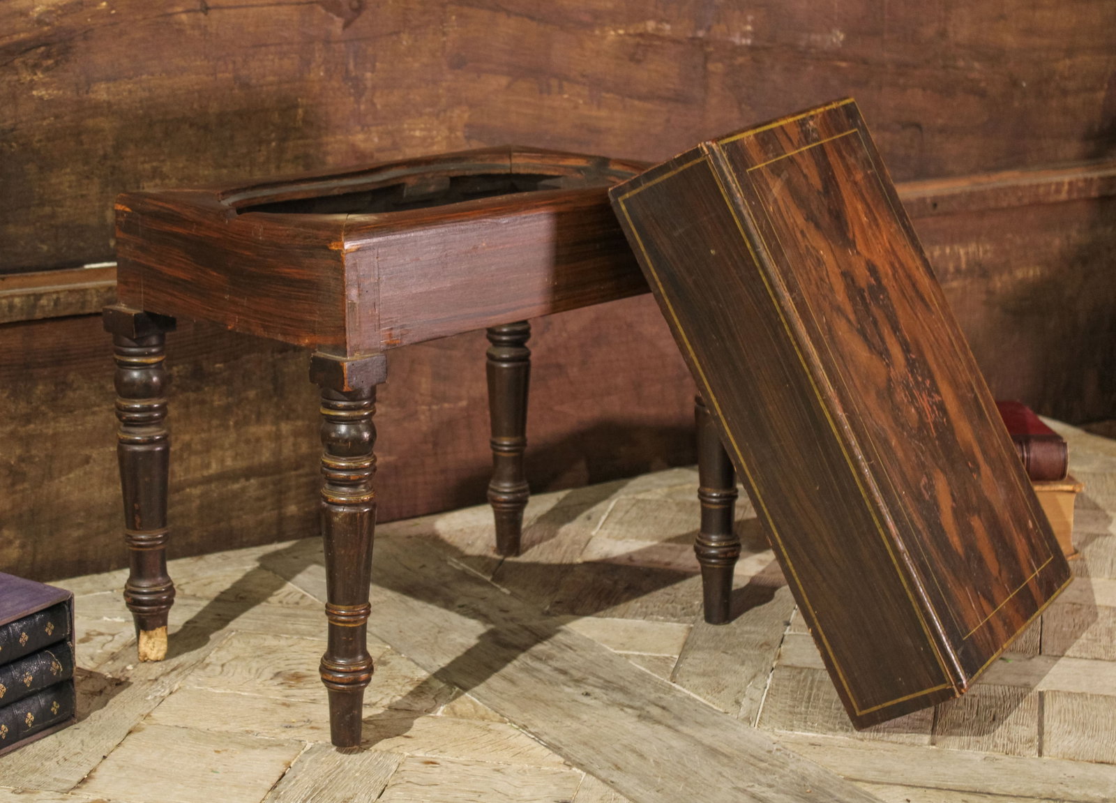 French Painted Rosewood Grain Chamber Bidet: Yes a bidet. Antique French throne, that other kind of throne. Size: 16"T x 19"L x 12"D Circa: 1860 List Price: $850 Books not included.