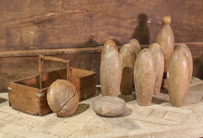 English Fruitwood Skittles In French Trug