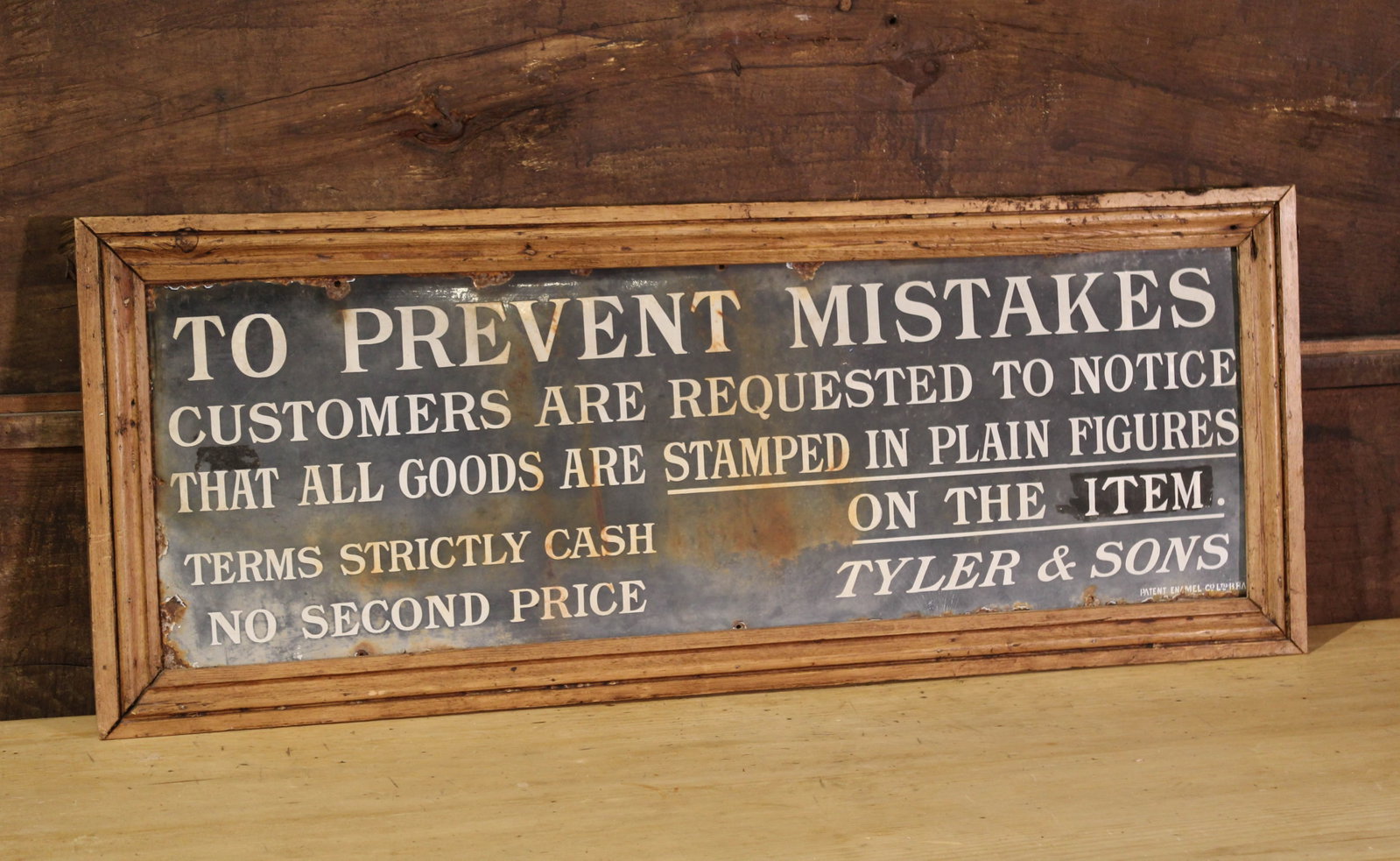English Shoppe Policy Sign: Antique shoppe policy sign, on wood. Size: 16" H x 39.5" W Circa: 1890 List Price: $790