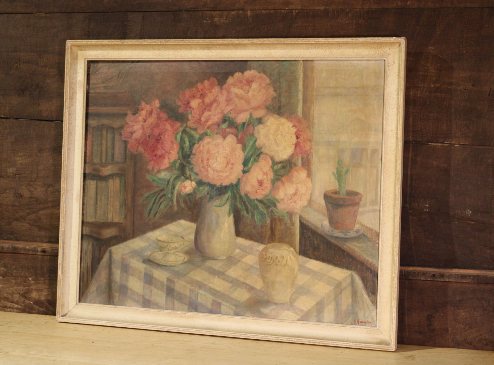 English Floral Painting, Still Life, Irma Quintin: English country still life, flower on table. Size: 38" H x 46" W Circa: List Price: $4000
