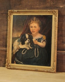 Oil Portrait of Girl with Dog, Signed E.G.H. Lucas