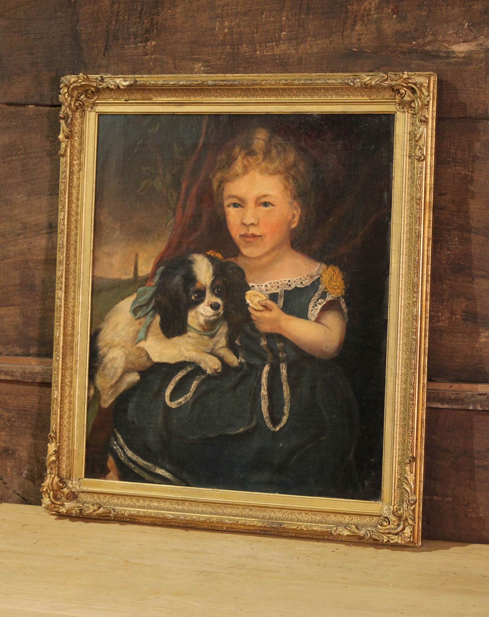 Oil Portrait of Girl with Dog, Signed E.G.H. Lucas (1 of 6)