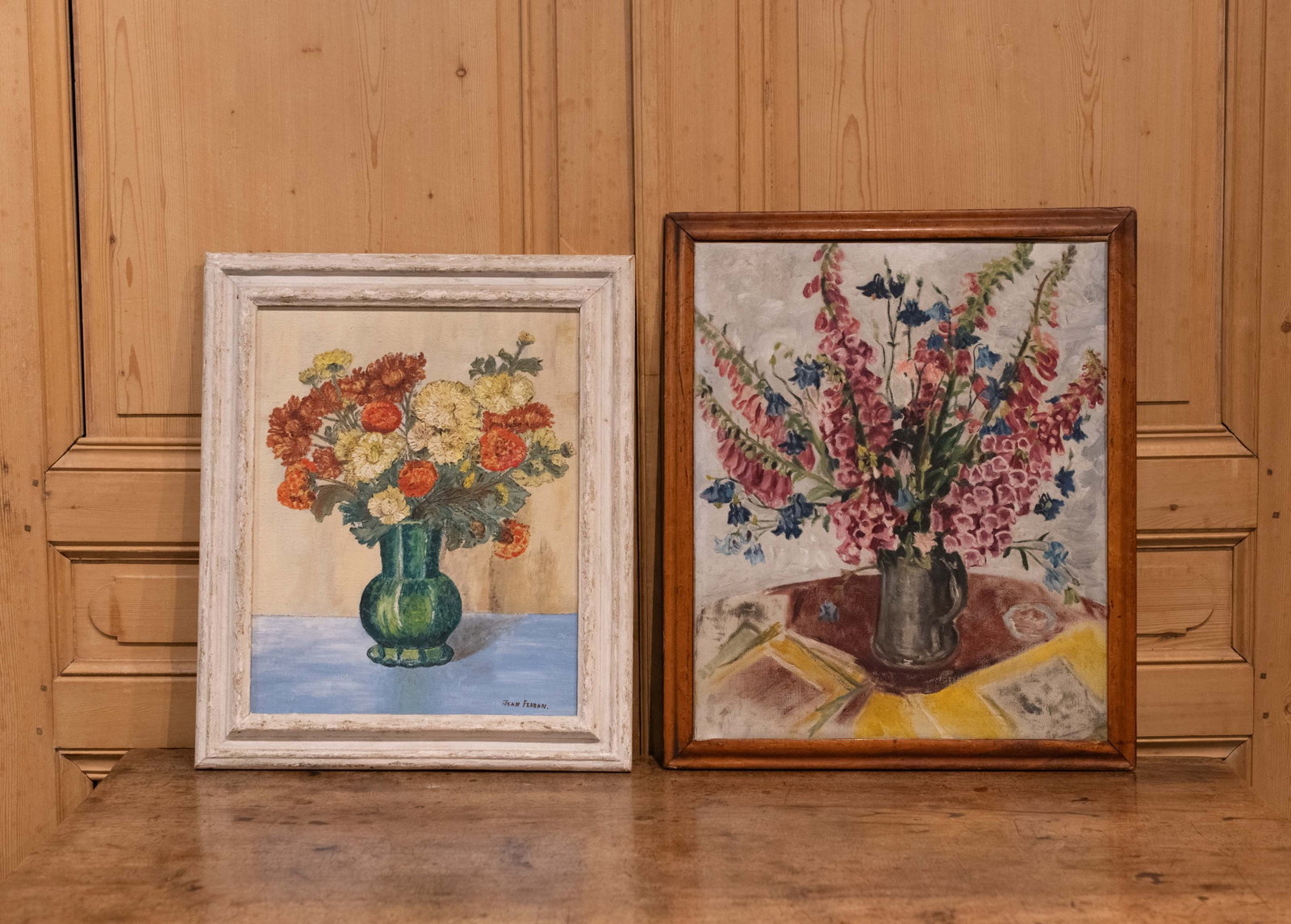 2 Bouquet Still Life Paintings: Duo of floral paintings. Size: 21"T x 25"W; 22.5"T x 27"W Circa: 1900 List Price: $3100